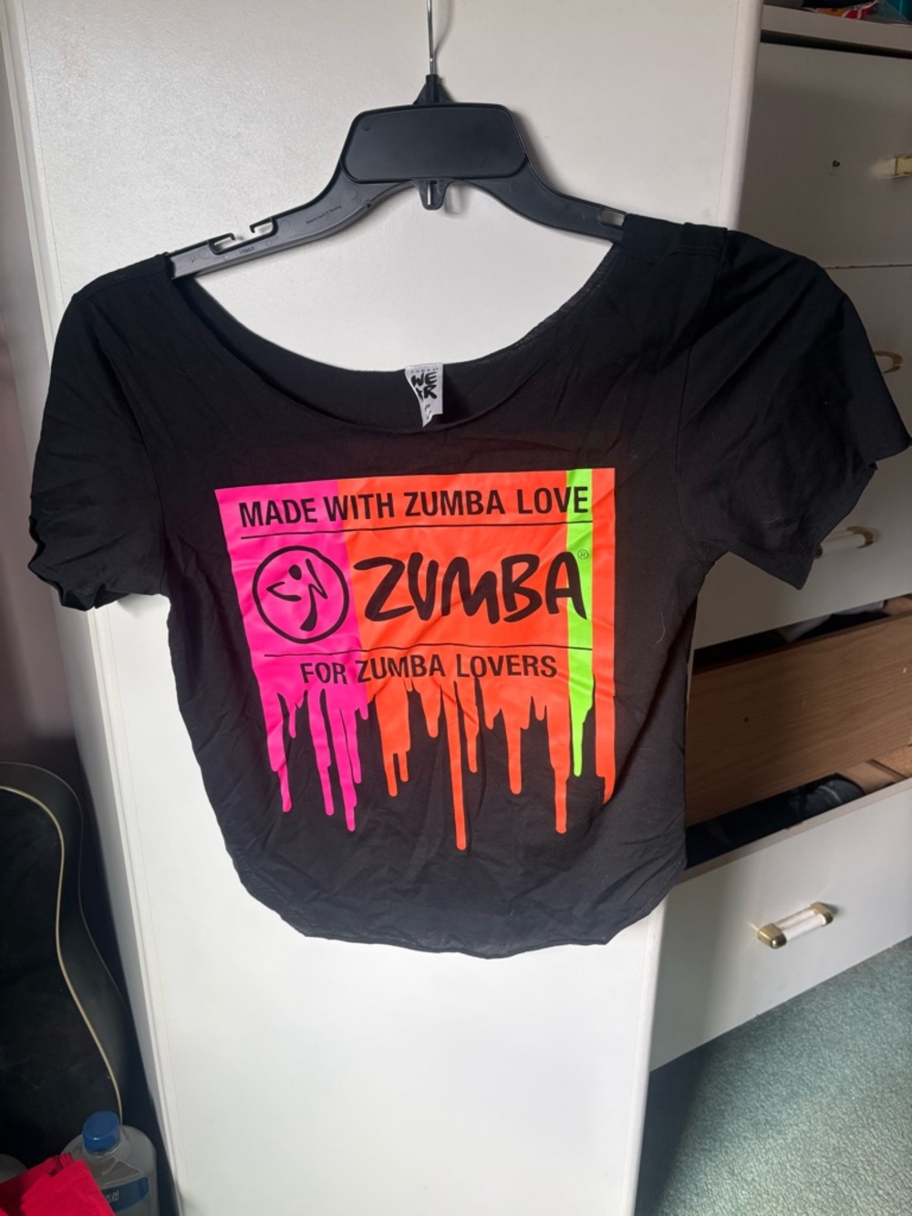 Zumba Fitness Black Crop Top with Neon Pink, Orange & Green Drip Graphic